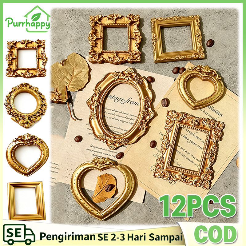 Purrhappy 12PCS Aesthetic Mini Frame Frame Foto Mini Vintage Emas Bening Properti Foto Vintage Europ