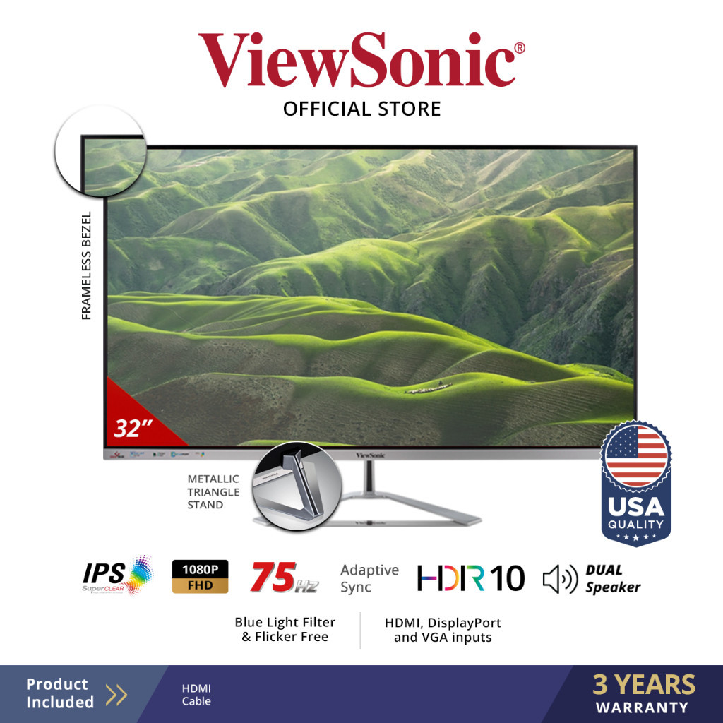 ViewSonic 32" Monitor VX3276-MHD-3|FHD|IPS| Frameless Bezel Stylist