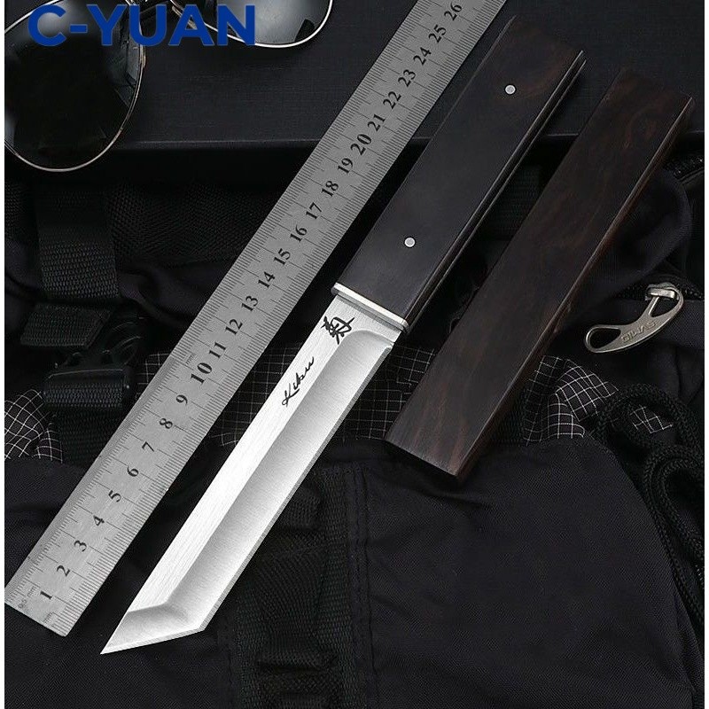 Japanese Tanto Knife D2 Steel Ebony Wood Outdoor Pisau Jepang EDC Survival Tajam