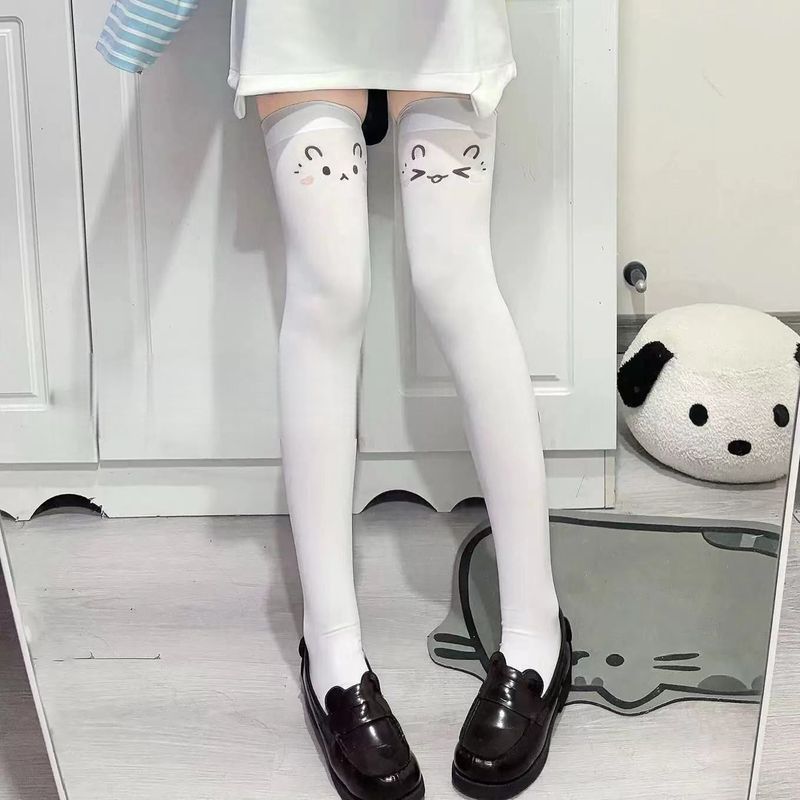 [Si Yun Ge] Kaus kaki panjang dicetak subkultur putih tinggi di atas lutut kaus kaki sutra tipis