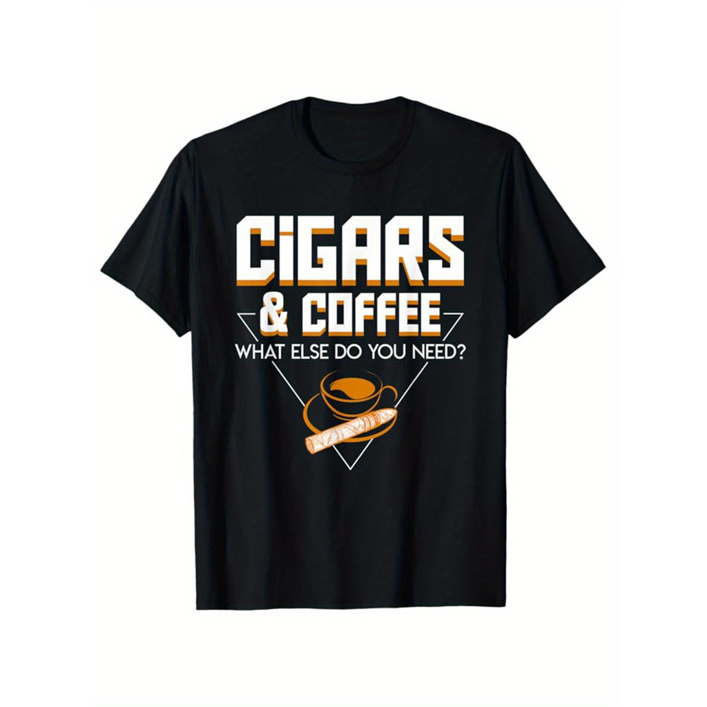 Kaos Katun Pria Cetak Cerutu & Kopi, Kaos Lengan Pendek Kerah Bulat Pas Badan Bernapas, Gaya Santai 