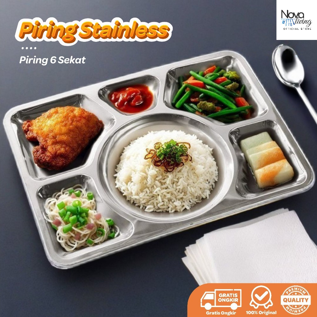 piring nampan stainless sekat 6 food tray tebal rumah sakit meshtray plato tempat saji makanan - 317