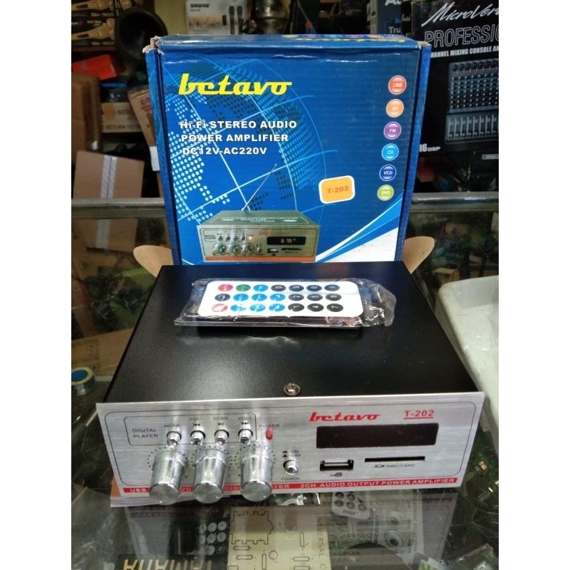 ampli mini usb betavo T202 radio fm power amplifier AC atau DC aki bisaspesifikasi
power 2x50 watt
b