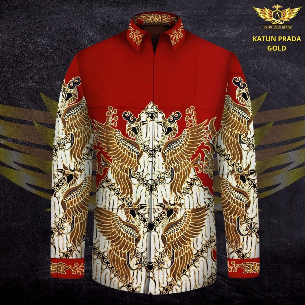 KATUN IWAN TIRTA TULIS POLA PRADA TINTA EMAS MOTIF 20 BAHAN KAIN BATIK TULIS PRIA BURUNG MERAH