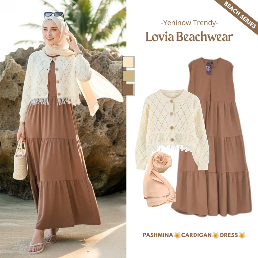 GANGSASHOP  Lovia Beachwear - Cardigan, Inner Dress, Pashmina - Outfit ke Pantai Simple Setelan Wani