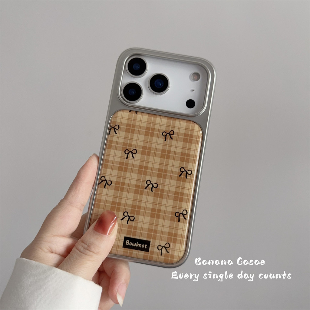 Case iPhone 17 Pro Max Gaya Korea Air Kotak-Kotak Kuning Pita Casing hp 16 Silver Cewek Coquette Aes