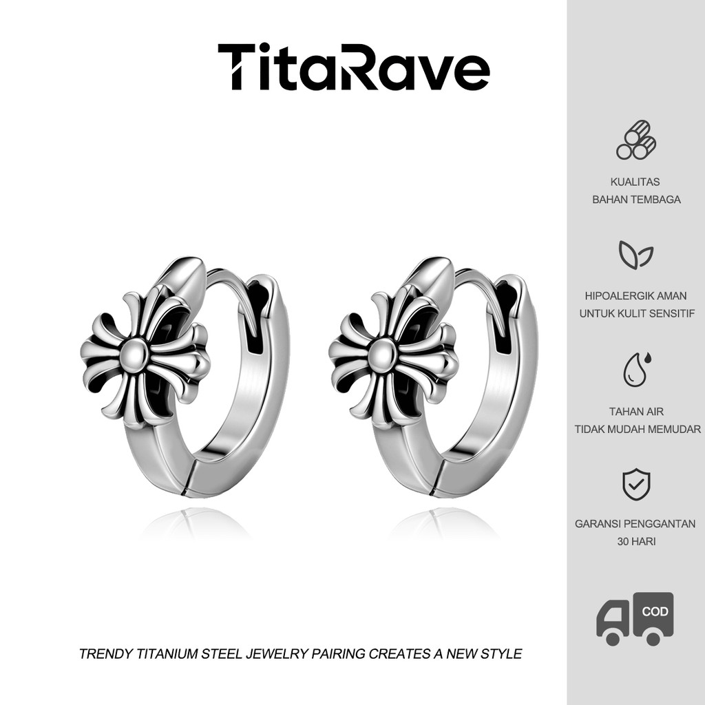 TitaRave Anting Perak Wanita Unik Fashion Vintage Punk Gaya Salib Desain Bulat Anting Telinga Pria