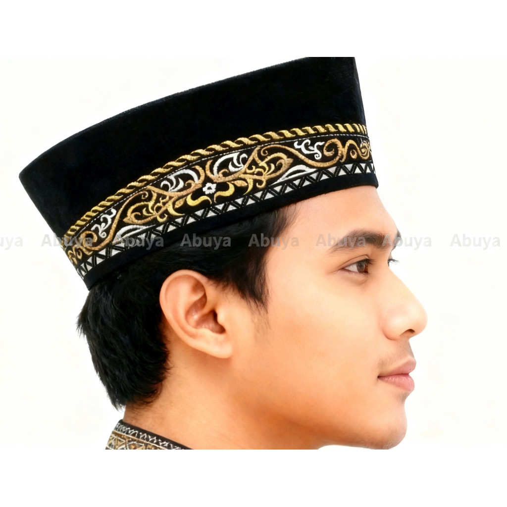 Peci Songkok Hitam Bordir HILAL Kopiah Nasional Bahan Bludru Kualitas Premium - Motif C