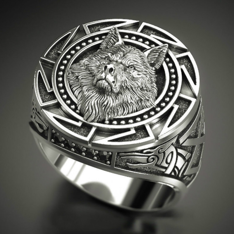 Men's  Vintage Wolf Totem   Ring Nordic Mythology Viking Warrior Wolf Head Men's Ring Domineering Fa