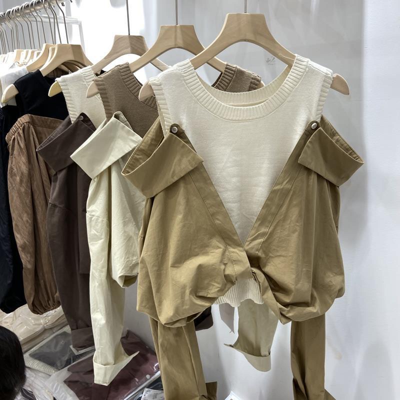 Aroana terbaru 2026 Kemeja lengan panjang off-shoulder wanita versi Korea baru rompi rajutan leher k
