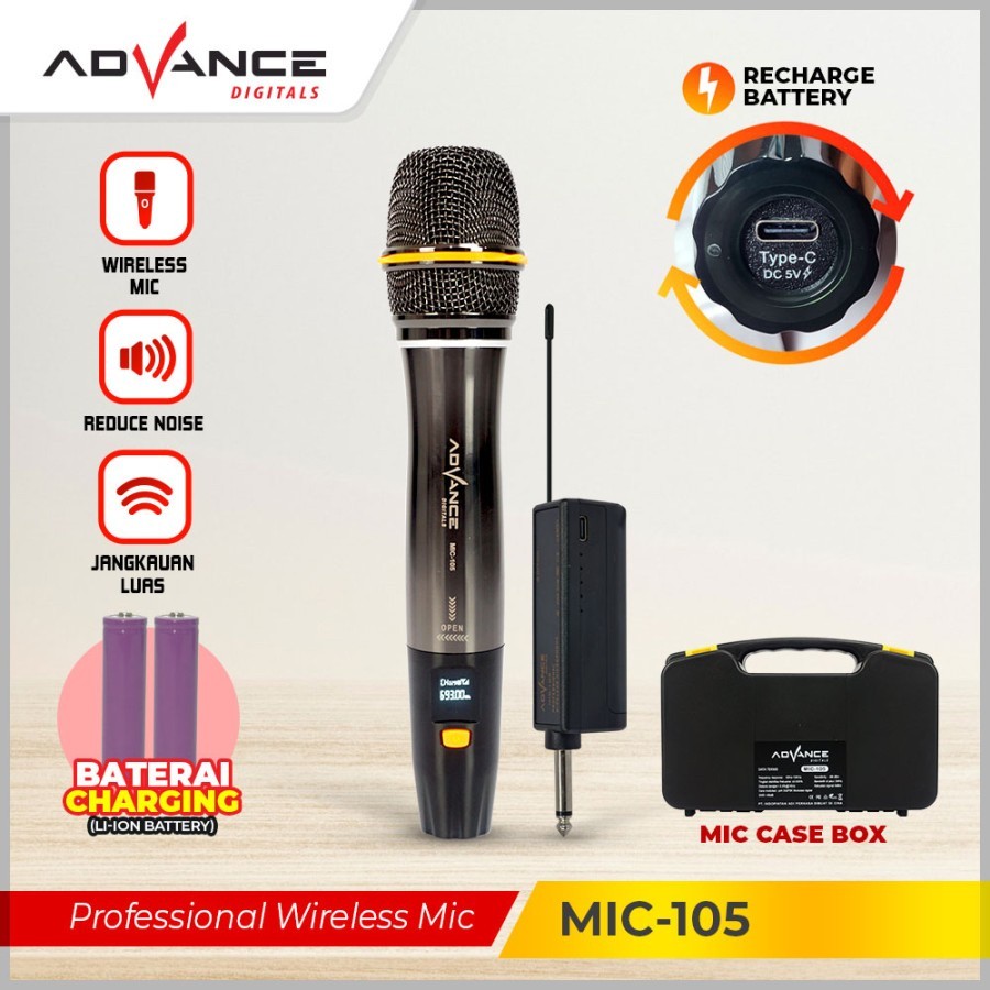 ADVANCE MICROPHONE BLUETOOTH MIC105 MIC 105 MIC WIRELESS PROFESIONAL SILVER METALIC BERKUALITAS ORIG