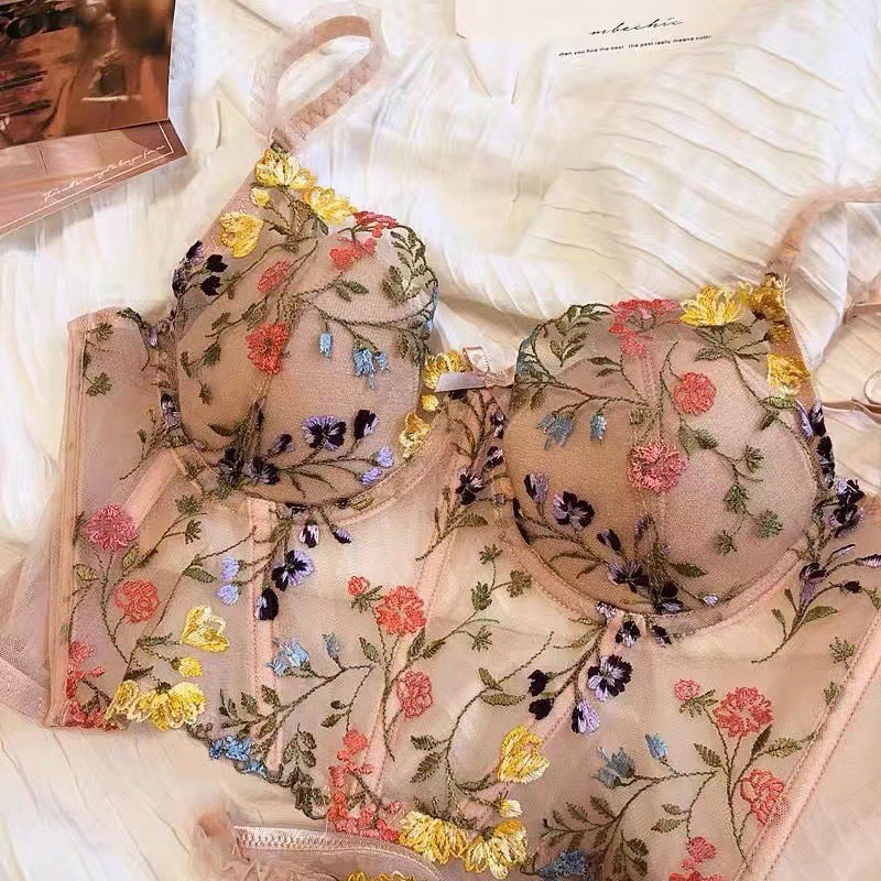 Set Lingerie Korset Renda Prancis Tulang Ikan Bordir Seni Floral