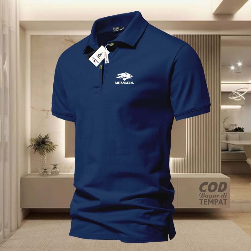 COD T-shrit POLO kerah Nevada Text Bawah Logo Kiri Putih Kaos Kerah Dewasa Shirt / Kaos Wangki Pria 