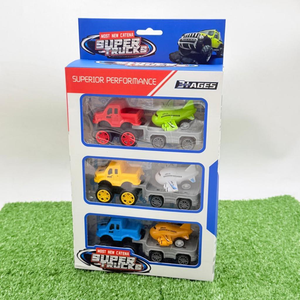 Mainan168 - Mobil Truck Derek Mesin Pull Back isi 6pcs Mobil Jeep + Pesawat