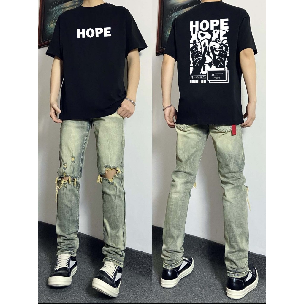 Pakaian Pria Ximi Desain gaya Amerika "HOPE" pola huruf tangan harapan | Lengan pendek pria | Kaos p