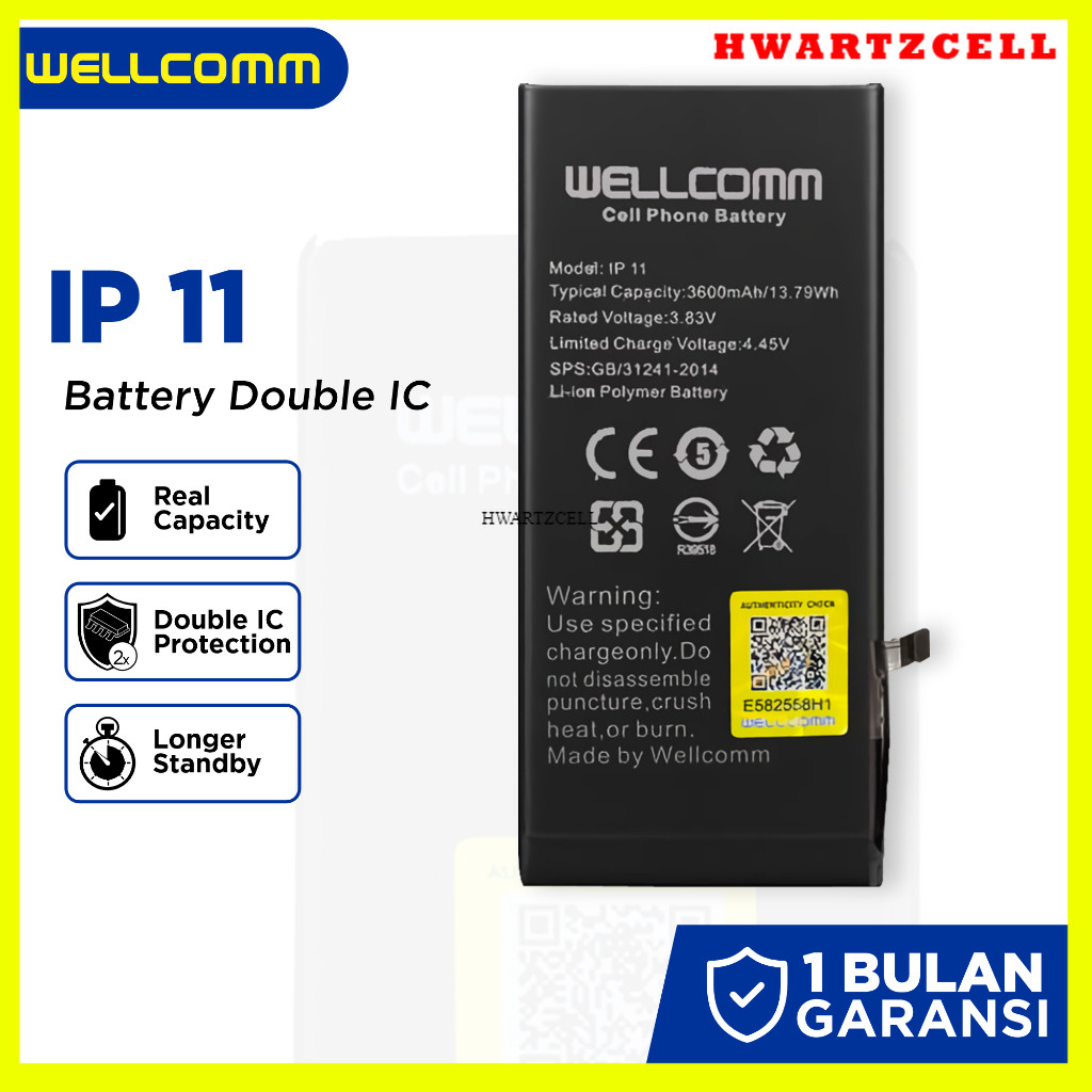[HWARTZ] Wellcomm Baterai iPhone 11 Double IC GARANSI 1 TAHUN ORI