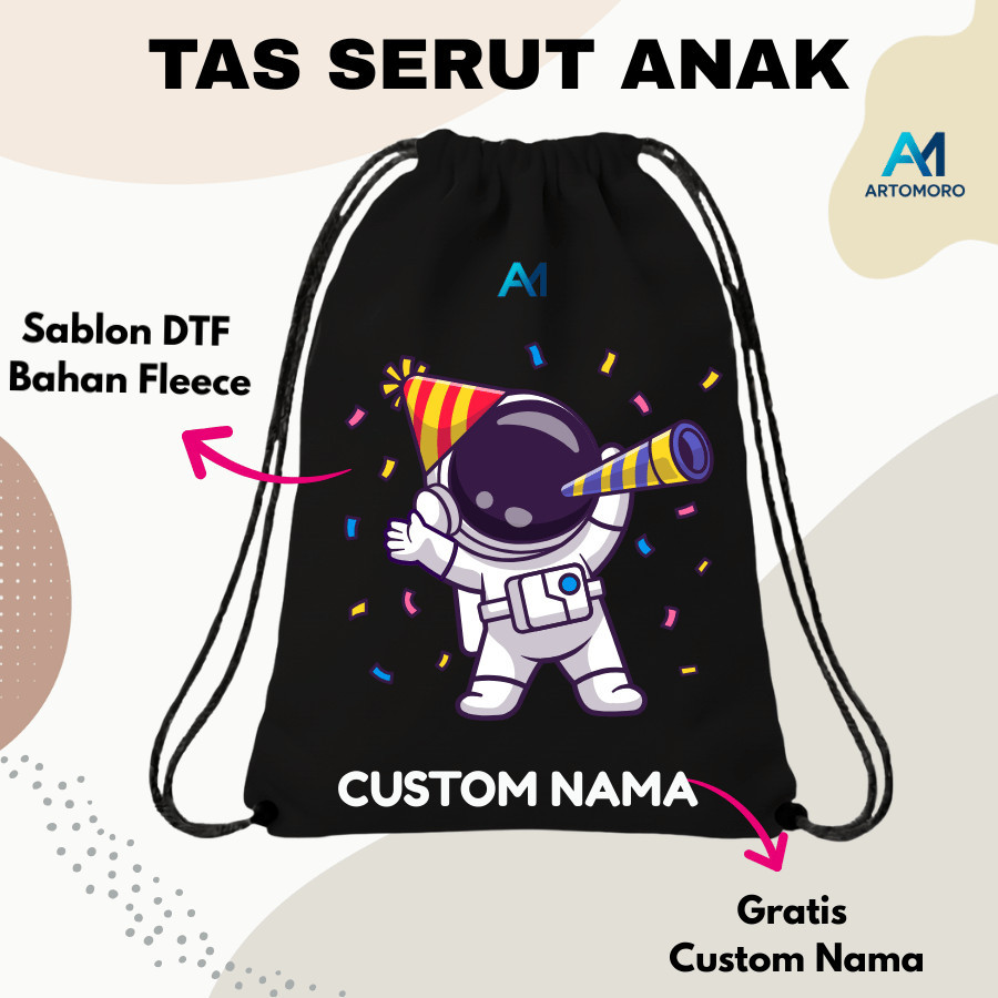 Tas Serut Premium | Tas Custom Nama | Custom Nama |Drawstring Bag | Tas Souvenir Ulang Tahun Anak Mu
