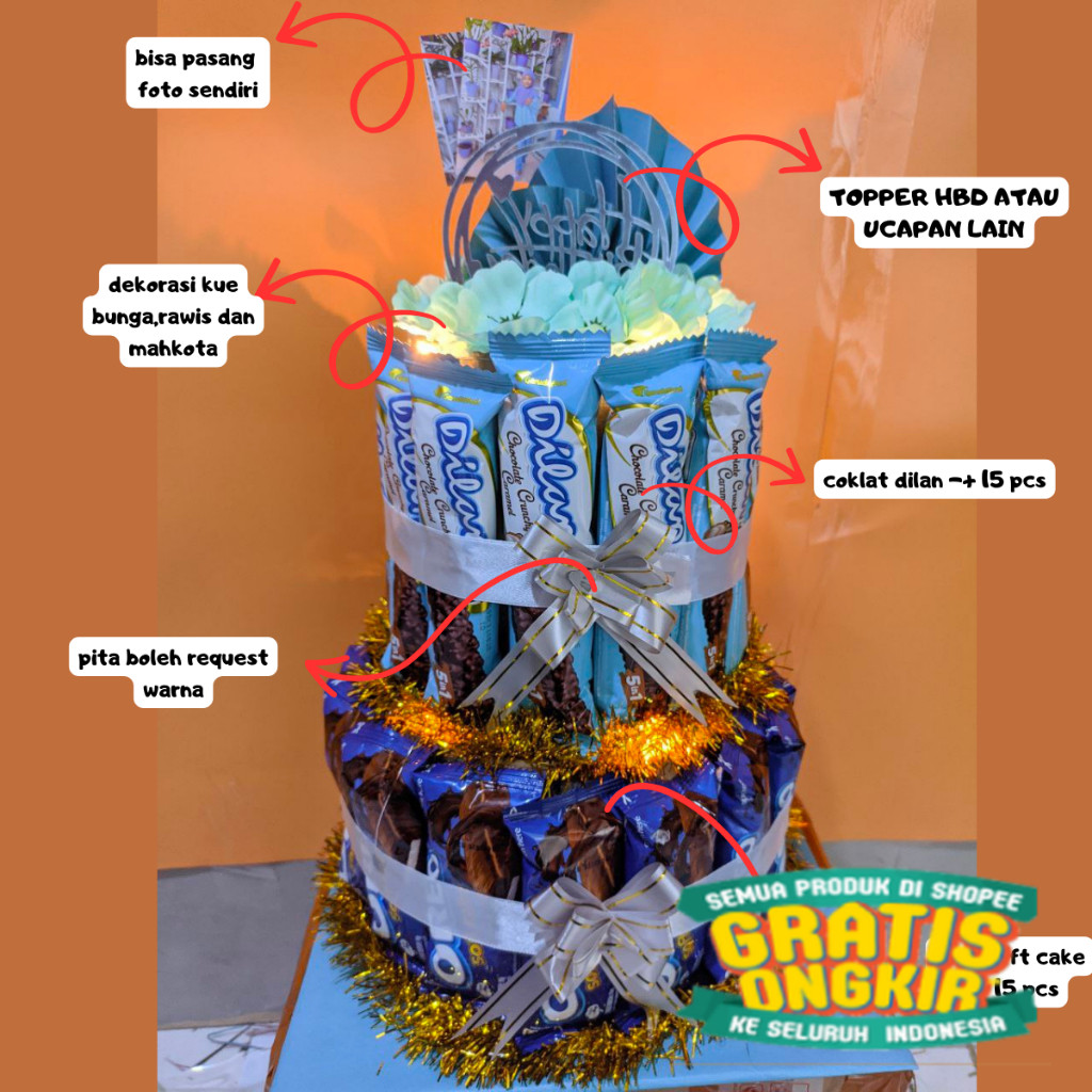 Snack tower biru dengan foto untuk ulang tahun dan anniversary hampers kado makanan led / Bingkisan 