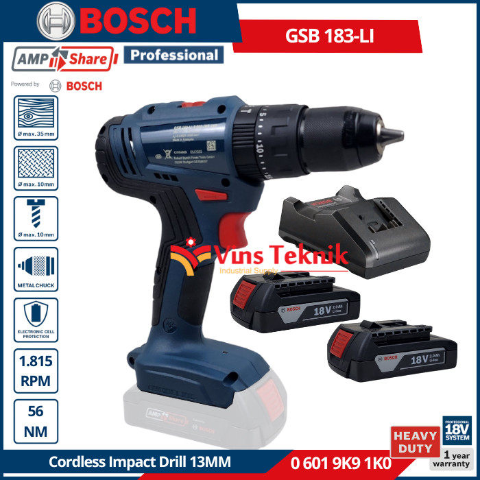 BOSCH GSB183-LI Cordless Impact Drill Mesin Bor Baterai 18V 13MM GSB 183 LI