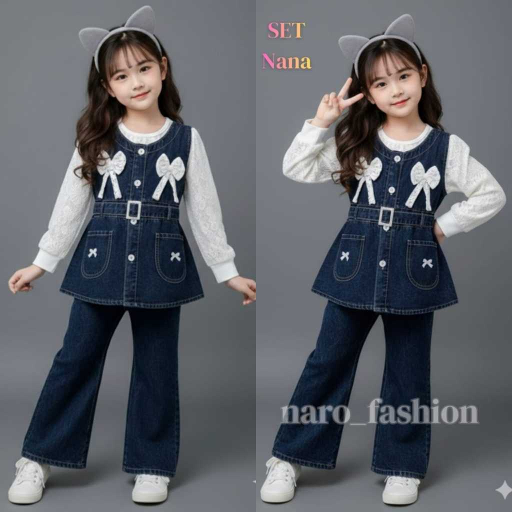 anaku..id Stelan Anak Cewek Import Mix Brukat Denim Outfit Kekinian Trend 2026
