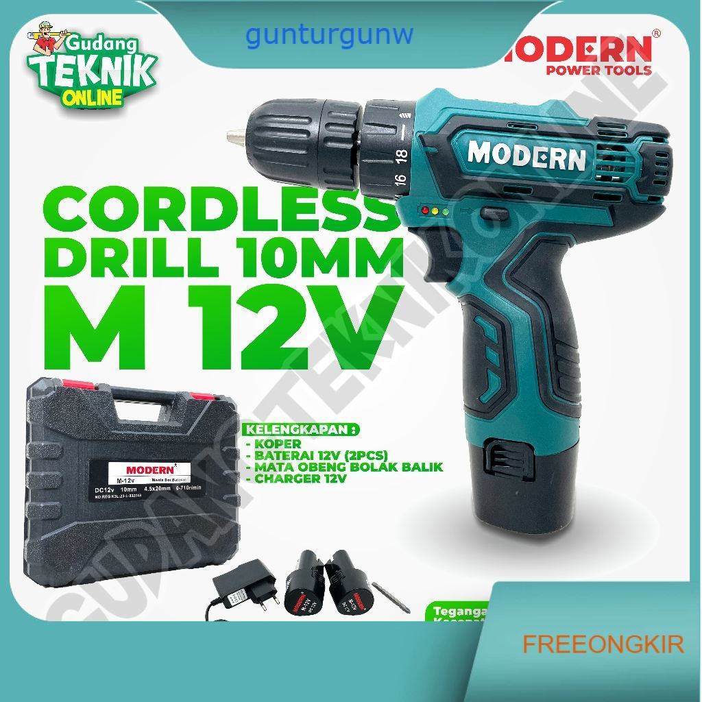 (MODERN M12V) Mesin Bor Tangan CORDLESS 10 mm M12V MODERN / Mesin Bor BATERAI 10 mm M 12 - Cordless 