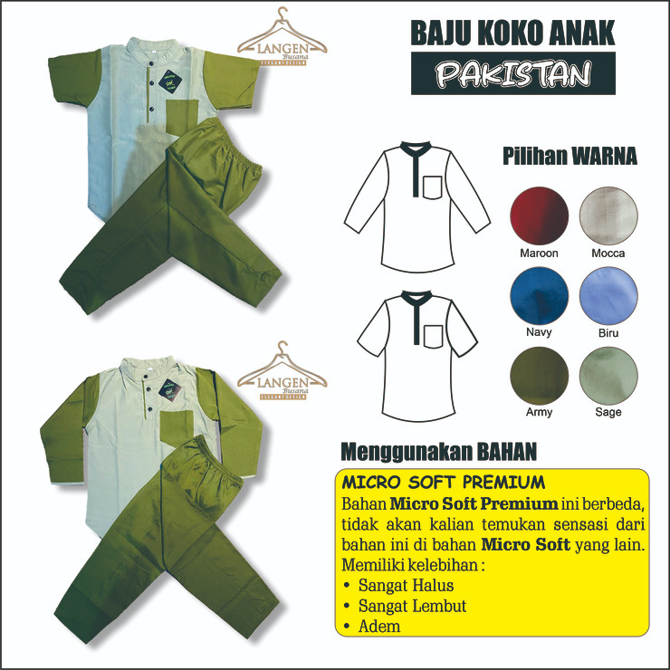 Al Bawariq Setelan Baju Koko Anak Laki laki Warna Sage Kombinasi Hijau Army