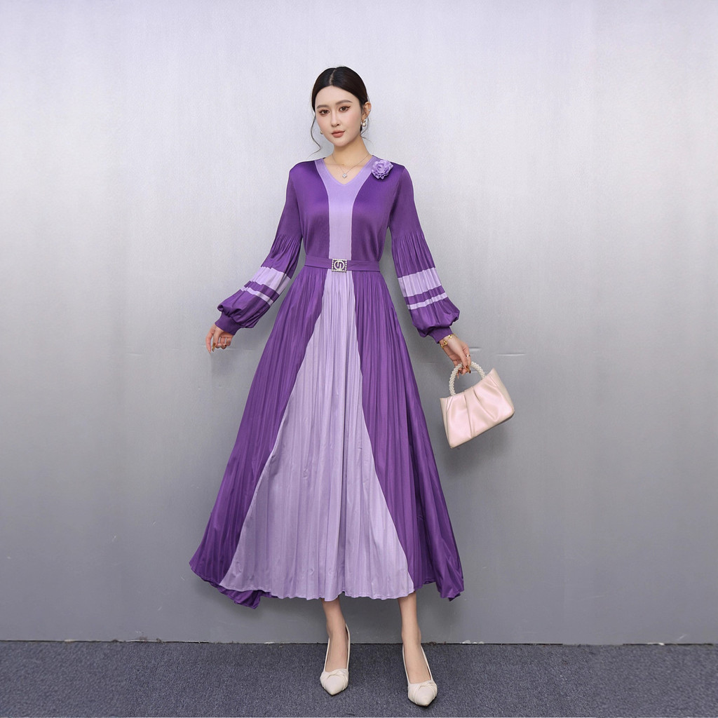 20262zz Dress lipit longgar, gaun elegan longgar modis