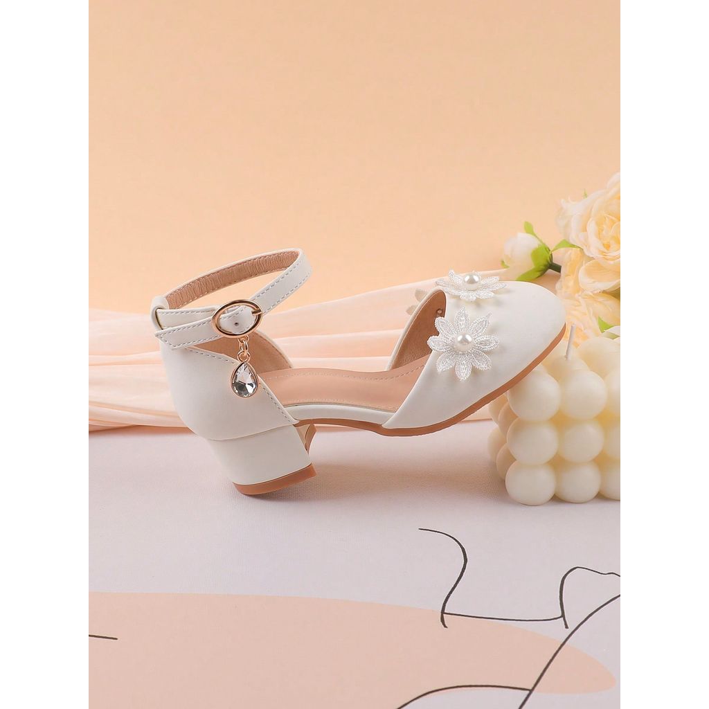 Sepatu Hak Tinggi Putih Hak Tebel Gesper Gaya Formal untuk Anak Perempuan, Gaya Balet Pengiring Peng
