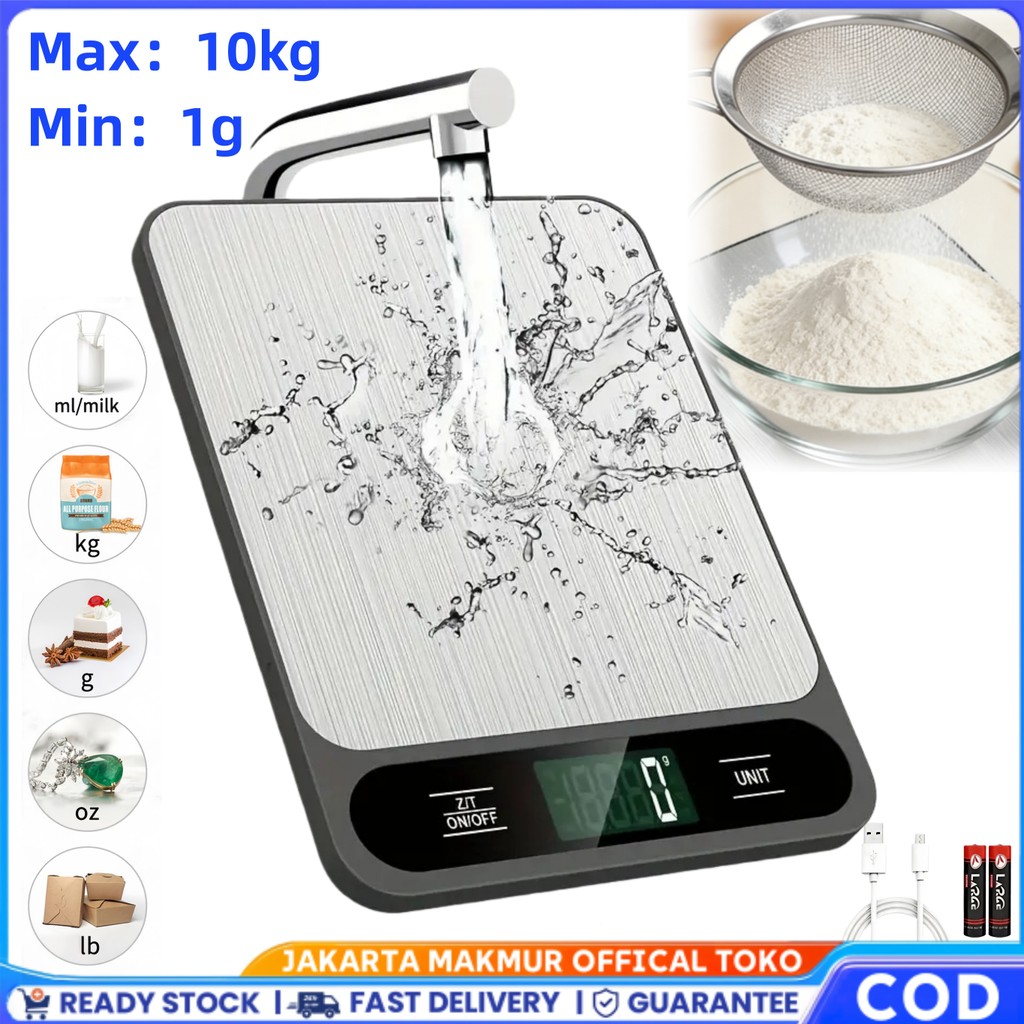 Timbangan Dapur Digital 10kg Waterproof Charger USB Timbang Makanan Bumbu Timbangan Kue/Timbangan Ko