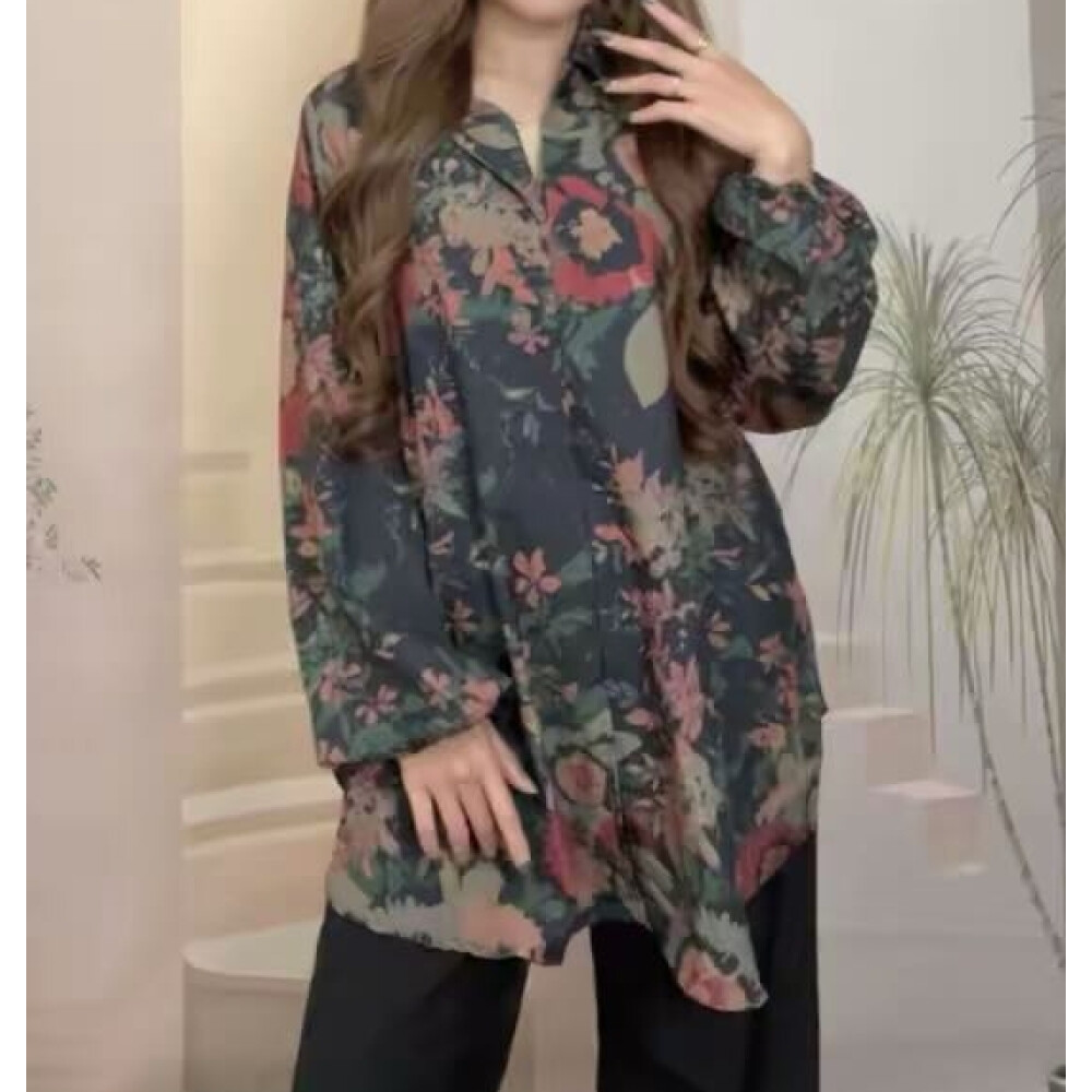 TENDBLANK Atasan Wanita Lengan Panjang | Kemeja Retro Motif Bunga Gelap Longgar | Gaya Kasual Nyaman