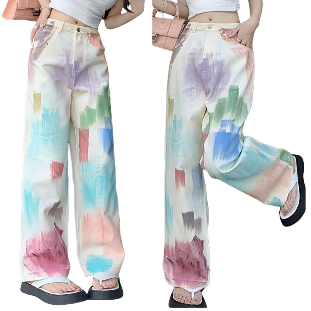 KATERMEN Celana jeans wanita gaya Korea ukuran besar, celana jeans motif grafiti warna-warni