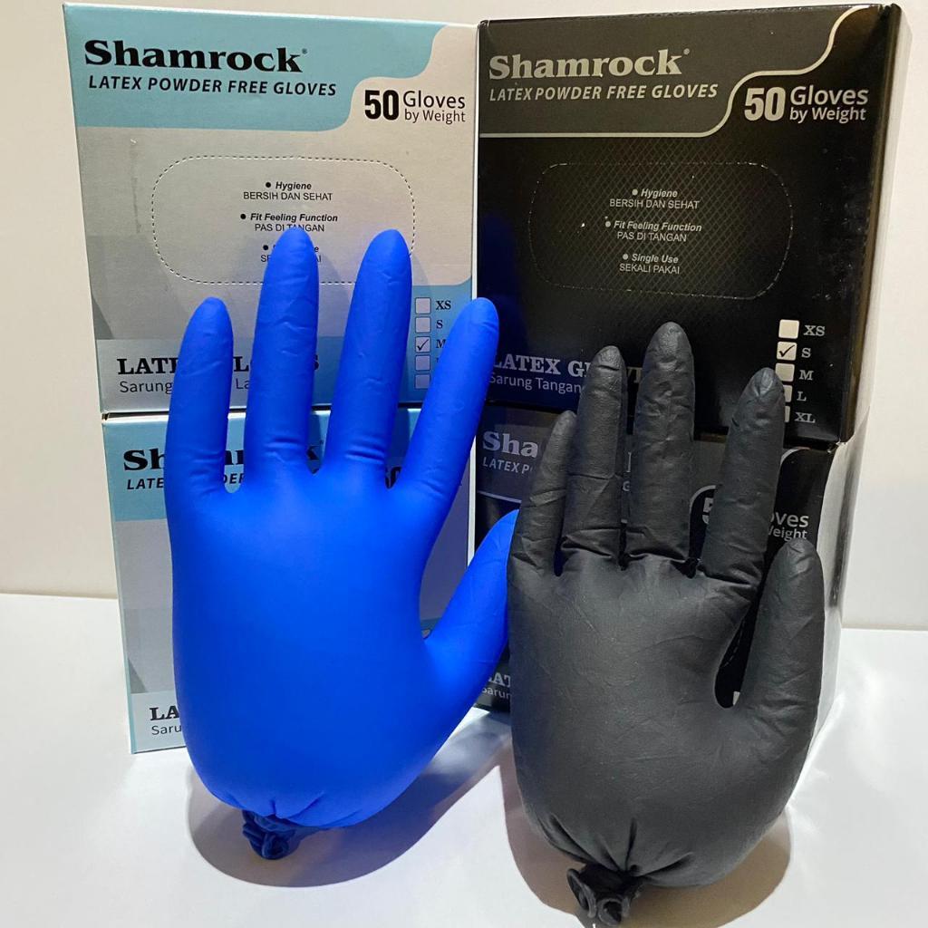 Handscoon / sarung tangan Latex Shamrock Hitam Biru Powder Free Isi 50Pcs