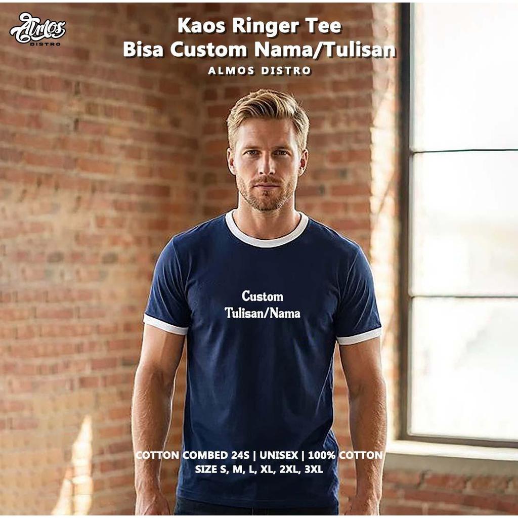 Almos Kaos Ringer Tee bisa Custom Tulisan/Nama Basic Thsirt Polos Katun Premium