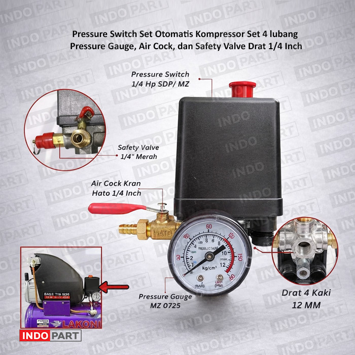 Pressure Switch Kompresor Otomatis 1/4 Inch Set 4 Lubang Lengkap Pressure Gauge Air Cock Safety Valv