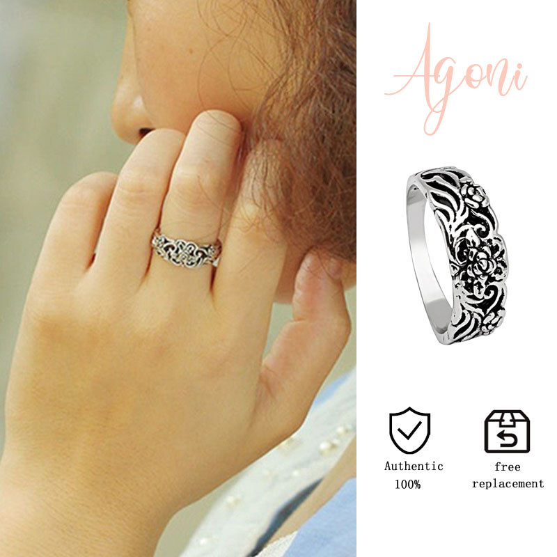 Cincin Bunga Mawar Hitam Perak Thailand Vintage Perhiasan Serbaguna