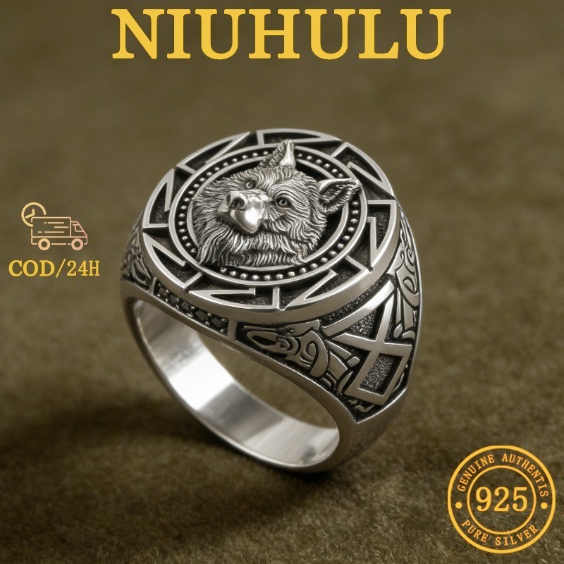 Cincin Pria Kepala Serigala Viking Mitologi Nordik Vintage