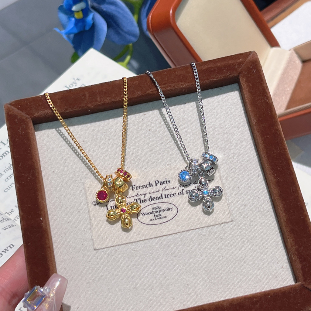 Kalung Liontin Vajra Baru dengan Liontin Salib, Rantai Tulang Selangka Perak Murni yang Mewah dan El