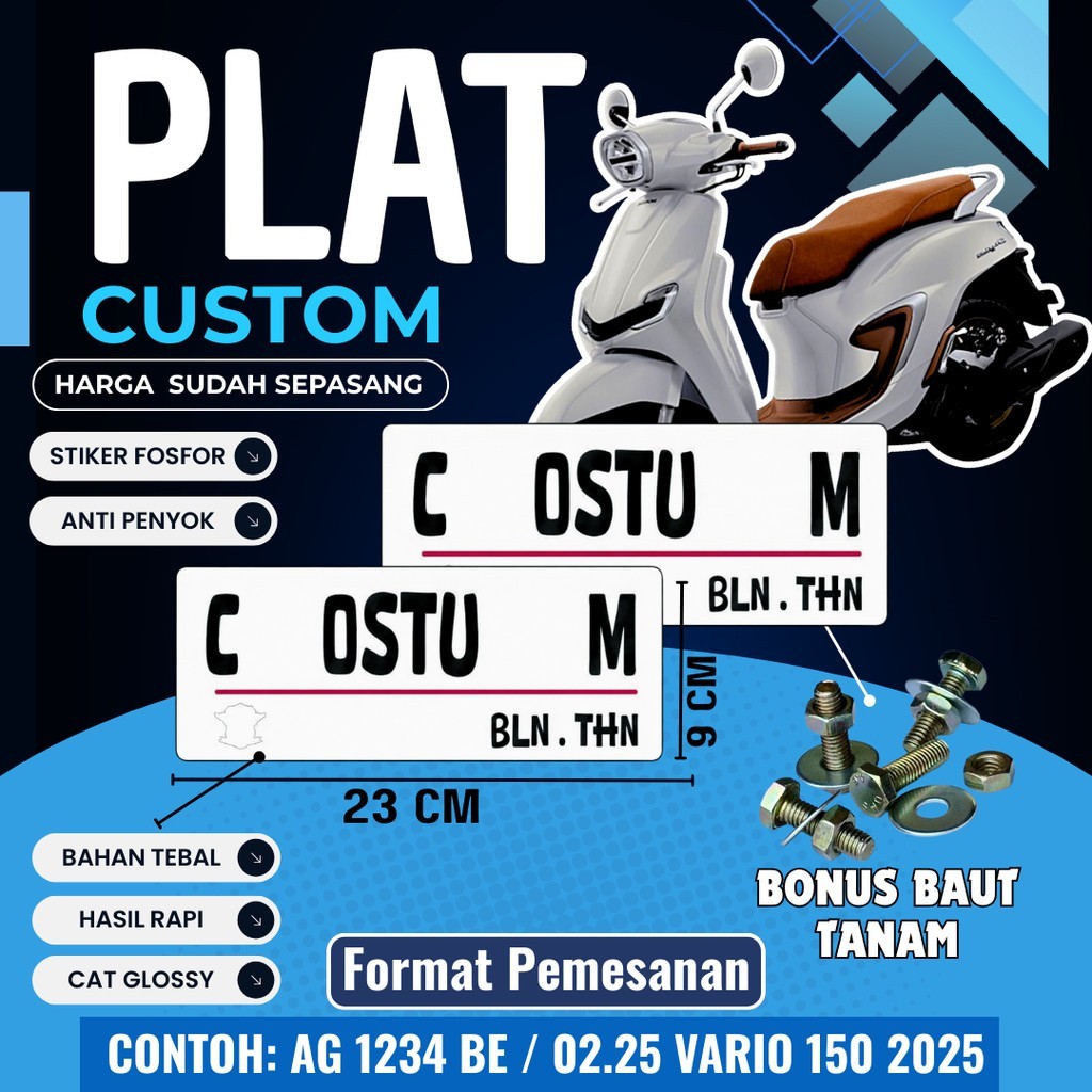 PLAT PUTIH CUSTOM BAUT TANAM / PLAT CUSTOM WARNA PUTIH BAUT TANAM 1 PASANG