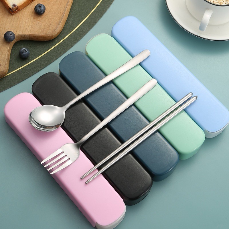 Beserta Box Dus Packaging Set 3 in 1 Sendok Garpu Sumpit Portable Travelling Alat Makan Bahan Stainl