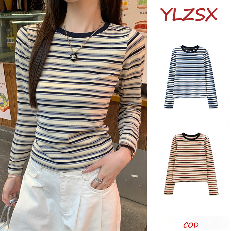 YLZSX Kaos Lengan Panjang Wanita Kerah Bulat Motif Garis-Garis Blok Warna untuk Musim Semi dan Gugur