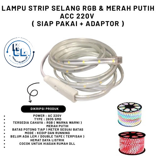 PAKET LAMPU LED STRIP SELANG RGB  // MERAH PUTIH  2835 220V 10M SAMPAI 50M FREE ADAPTOR ( SIAP PAKAI