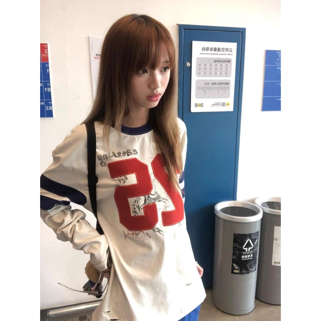 MYCASSI Atasan Wanita Street Longsleeve Cotton Top Kaos Lengan Panjang Wanita Longgar