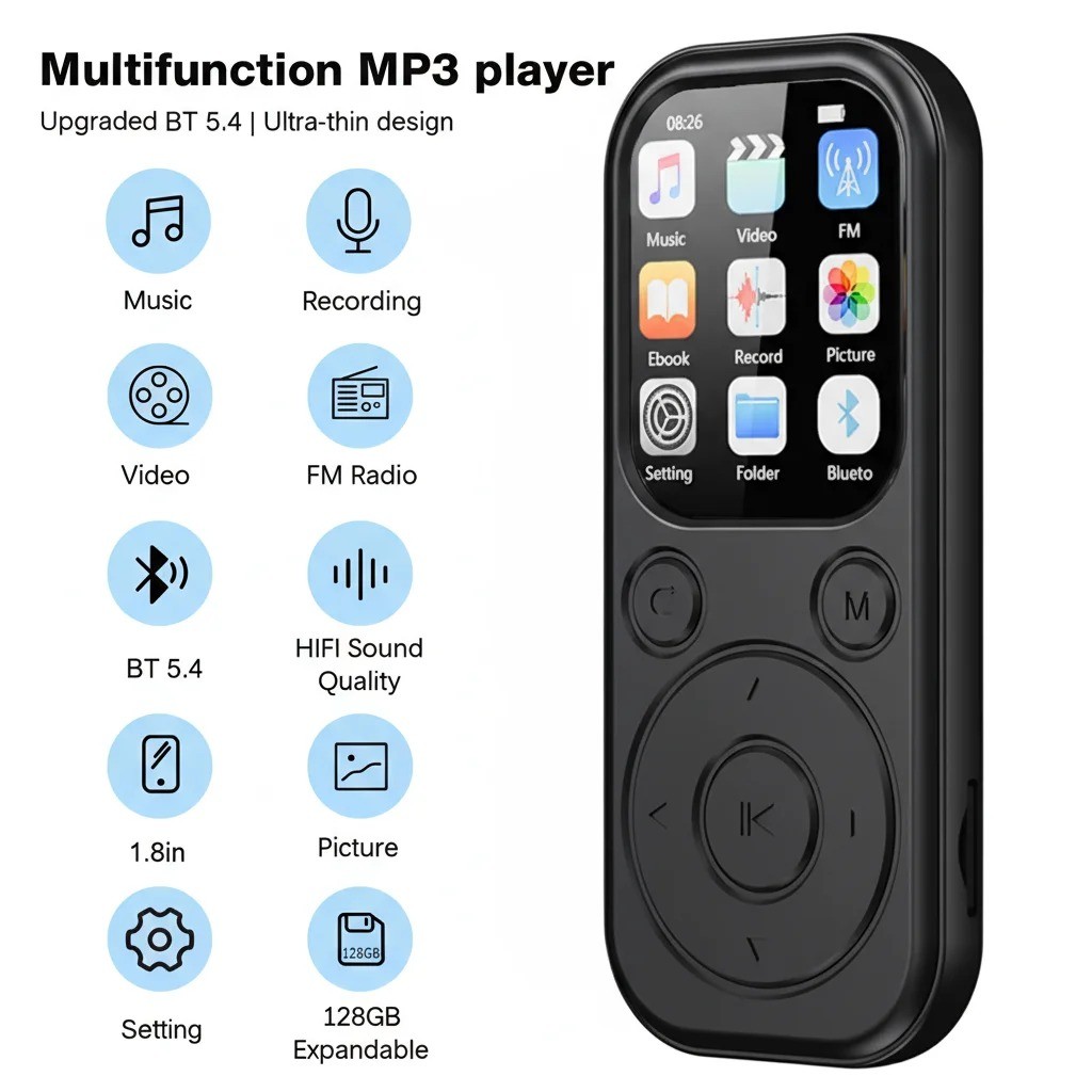 MP3 Player HiFi Bluetooth 5.4 Layar IPS 2 Inch Pemutar Musik Digital Portable MP4 Audio FLAC WAV APE