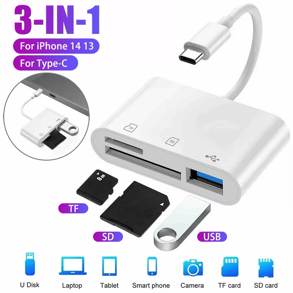 Premium 3-in-1 USB-C OTG Adapter: SD/TF Memory Card Reader and Charging Port For iPhone 16/15 Pro Ma