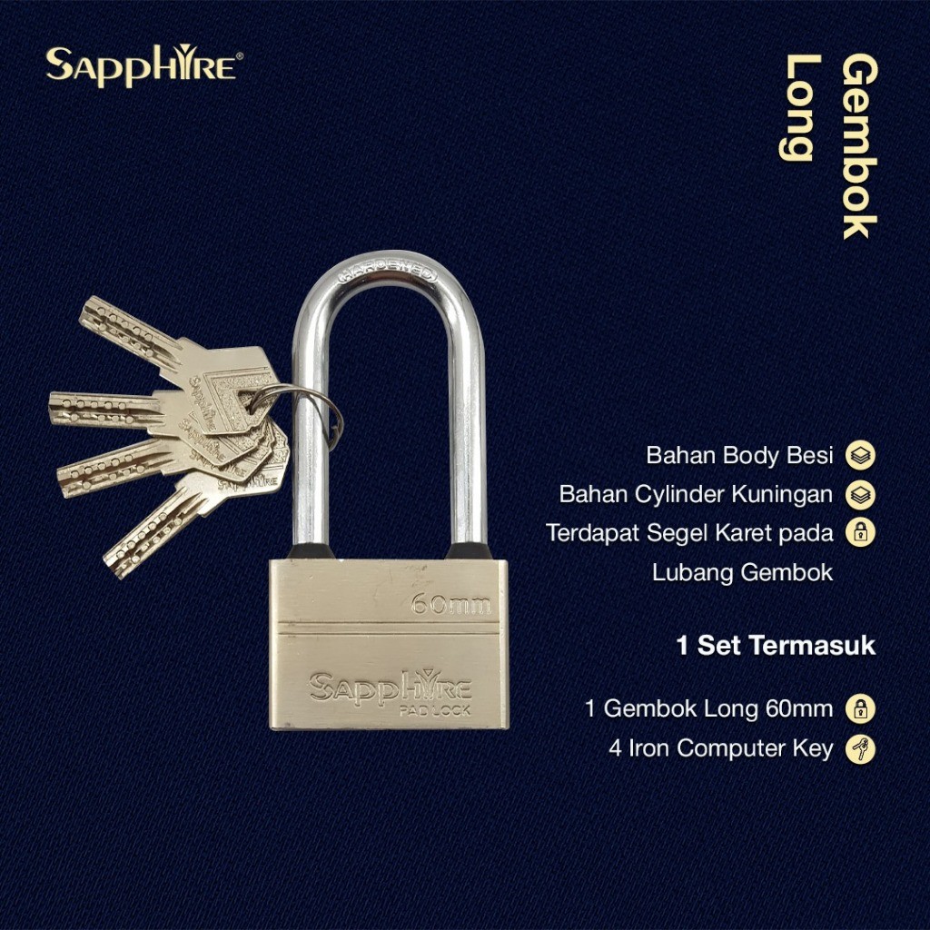 READY Sapphire Gembok Long 60mm Gembok Rumah Gembok Pagar Leher Hardened Anti Maling Anti Potong & G