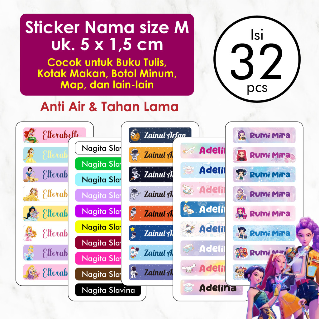 Stiker Label Nama Anak Custom Ukuran M isi 32 pcs Label Nama Anak Waterproof Tahan Air Stiker Pensil
