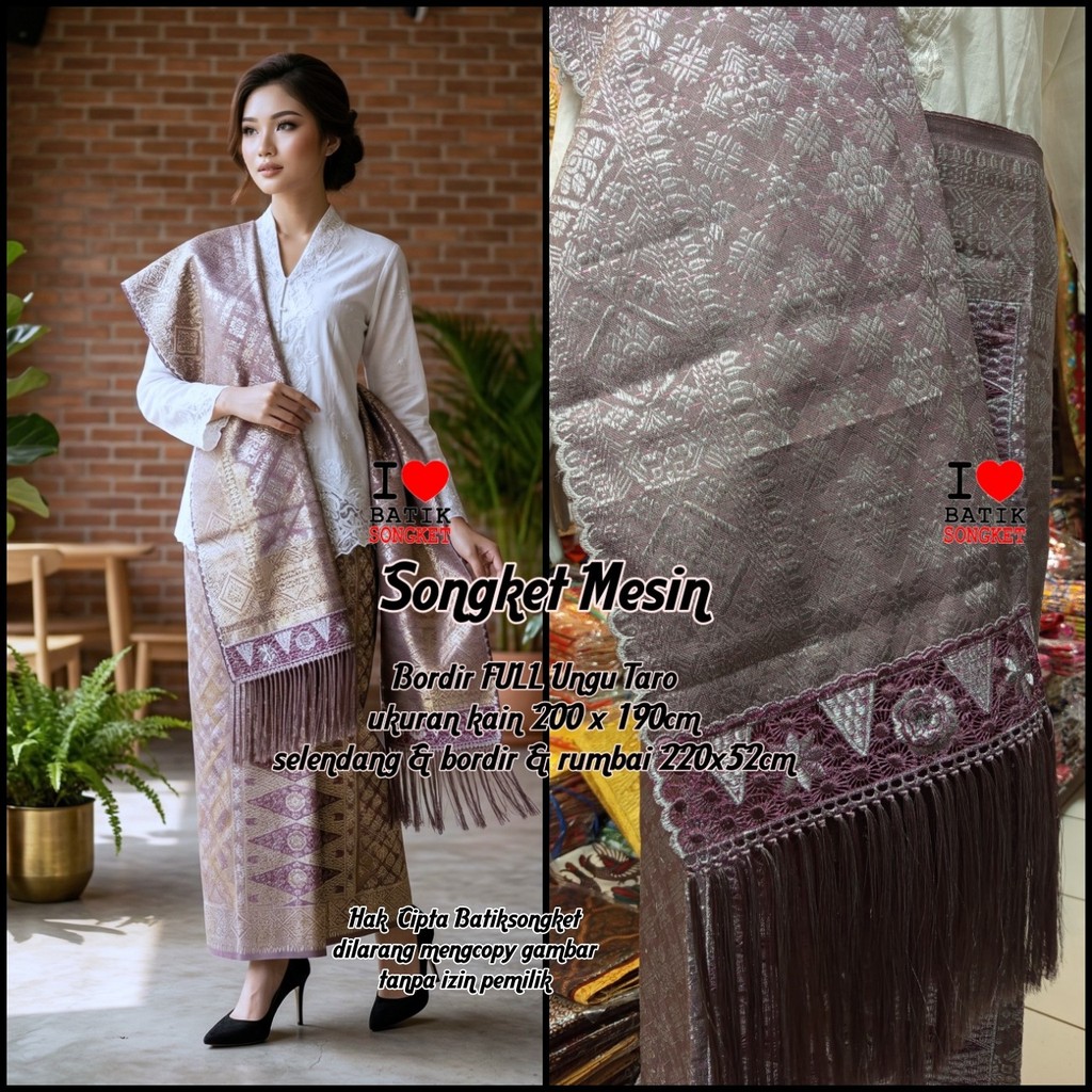 SONGKET MESIN MOTIF 5 BORDIR UNGU TARO PENGANTIN HALUS LEPUS PALEMBANG MURAH SETELAN KAIN SELENDANG 