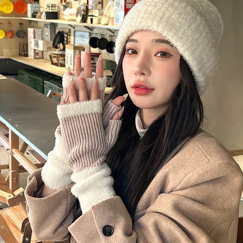 [Polar Bear] Sarung Tangan Hangat Setengah Jari Gaya Korea Baru Sarung Tangan Pelindung Rajutan