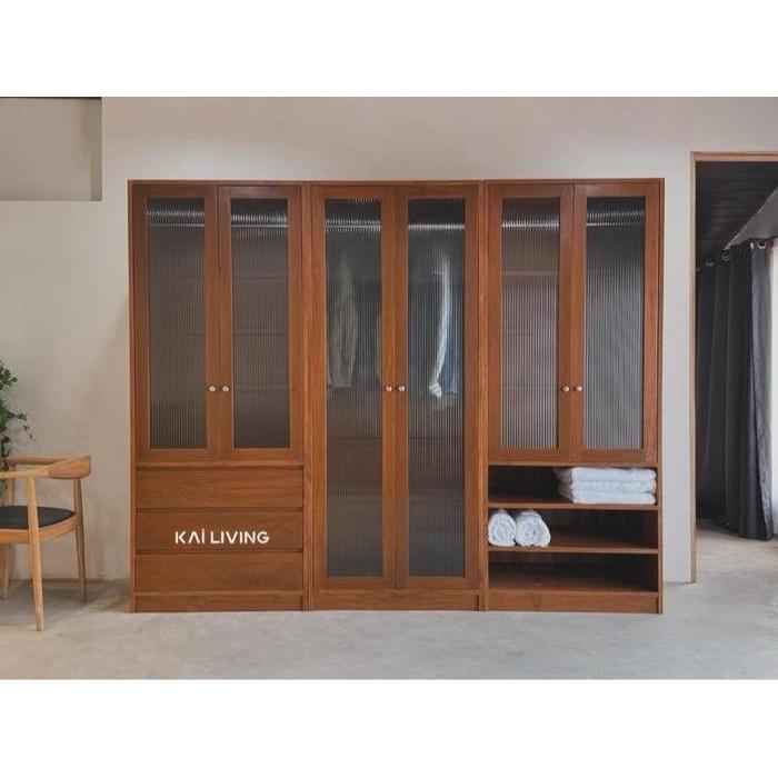 lemari pakaian 6 pintu minimalis modern kaca kayu jati finishing almari super besar laci dekorasi ru
