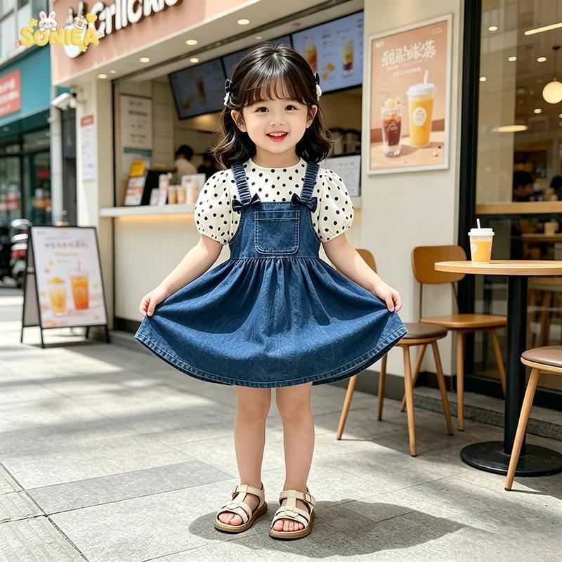 SONIEA Baju Bayi Stelie Rok Set/Setelan Baju Anak Perempuan/Setelan Baju Polka Dot + Rokoverall Jean